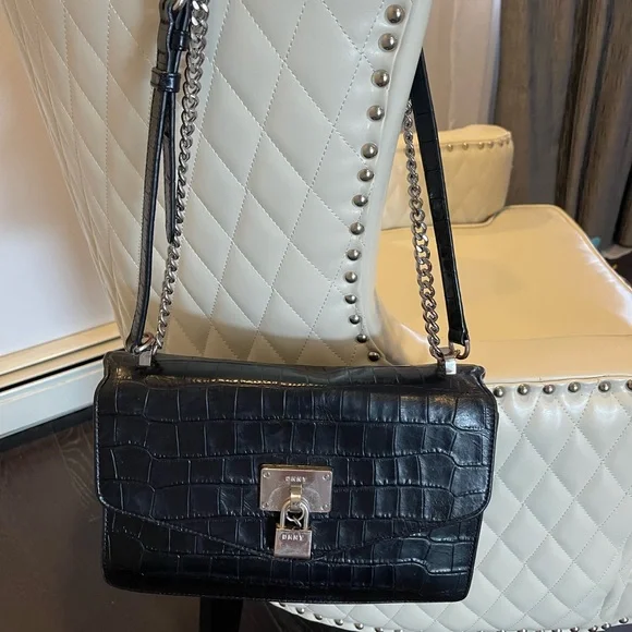 Dkny Bags Dkny Black Leather Croc Shoulder Bag With Silver